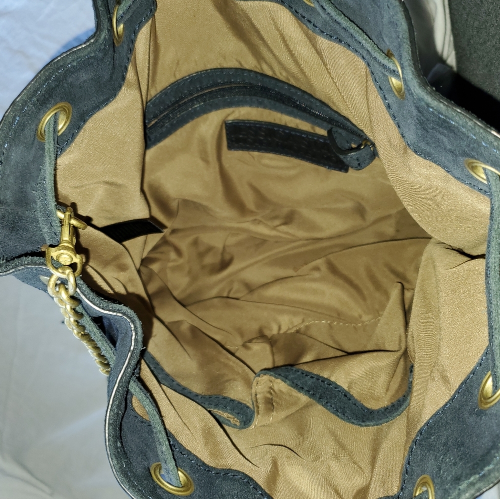 Rachel Roy & Jessica Stam Navy Leather Bucket Bag with Bronze-Gold - Picture 10 of 11